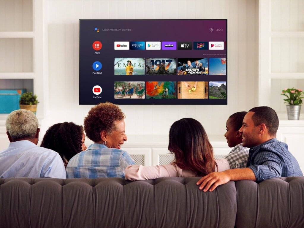 IPTV interface displaying live TV channels, on-demand shows, and streaming features on a smart TV screen.